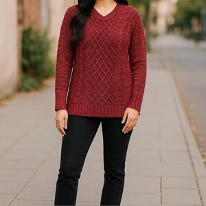 Coldwater Creek Womens Cable V Neck Long Sleeve Sweater  Dark Red Mix M 10-12